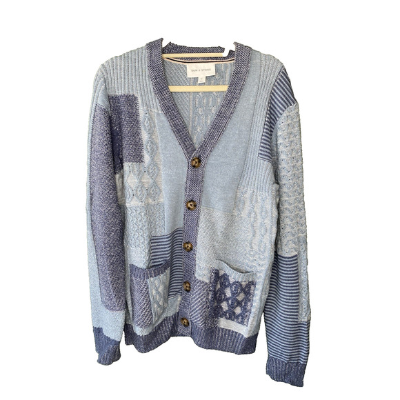 Sun & Stone Cardigan Mens Size XL Blue Patchwork Button Up Preppy Grandpa Core - Picture 1 of 12